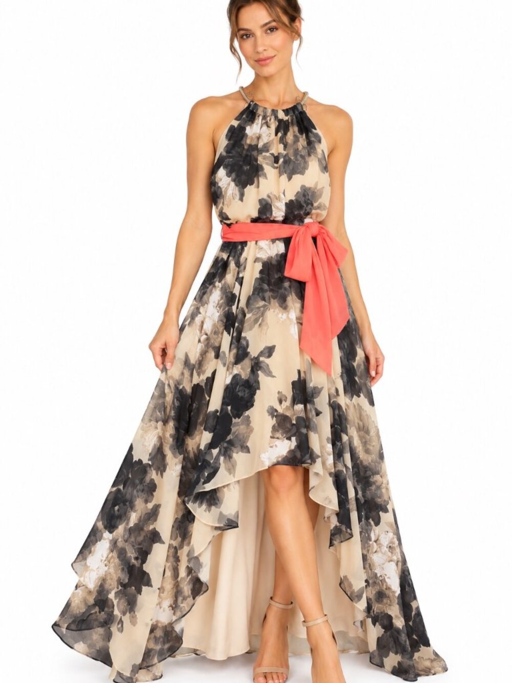 Eliza J Women’s 8 Floral Maxi Dress Black Beige Gray High Low Halter Neck